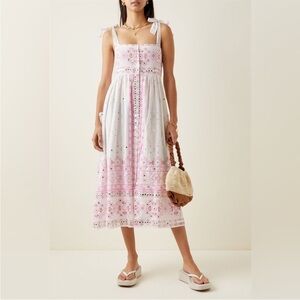 Juliet Dunn Cotton Tie Shoulder Midi Dress Pink Rose Mosaic Border Print Size 2